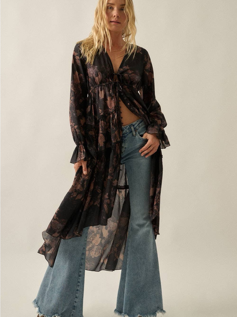 Floral Chiffon Ruffled Trumpet-Sleeve High-Low Midi Dress | Promesa
